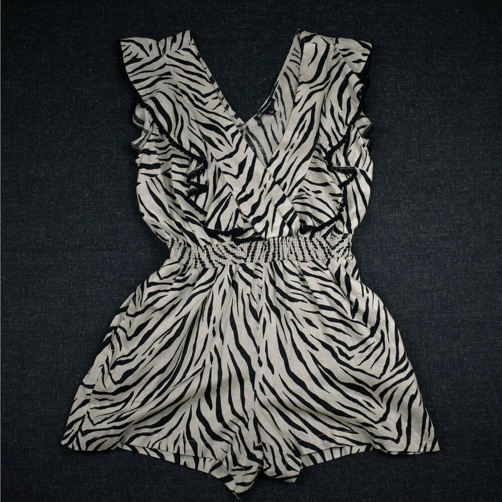 Linen Ruffle Romper Women's XL Zebra Print Boho Beachy Coastal Summer Festival